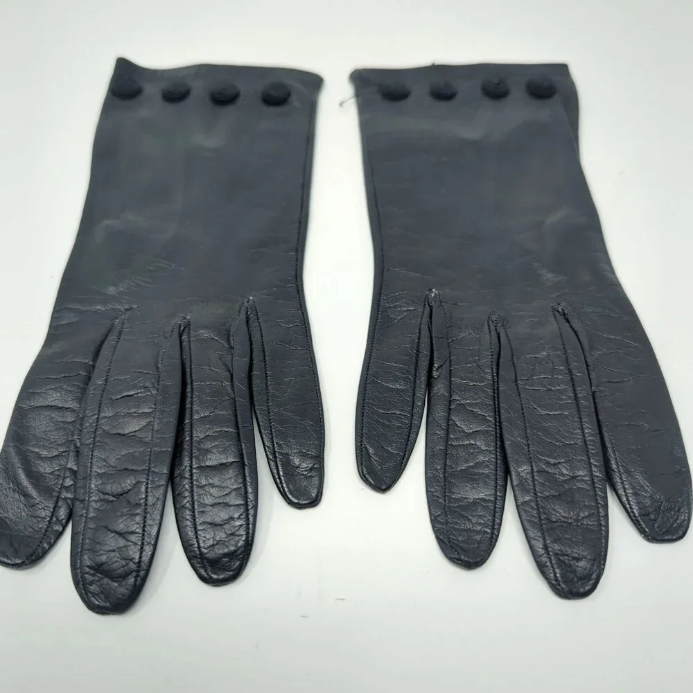Vintage Antique Black Leather Gloves Wrist Rosettes